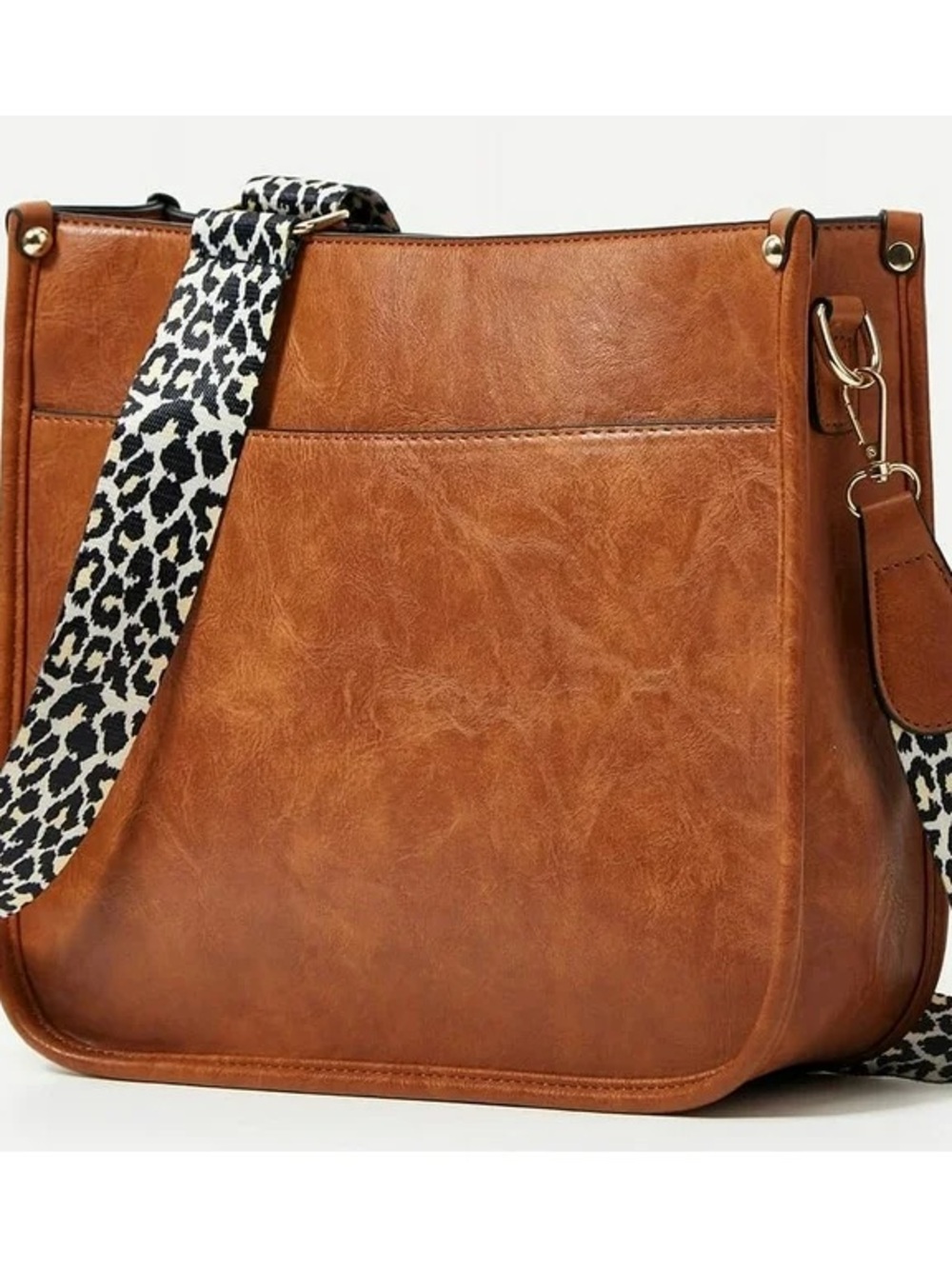 Amazon Brown Leather Shoulder Bag with Leopard Strap